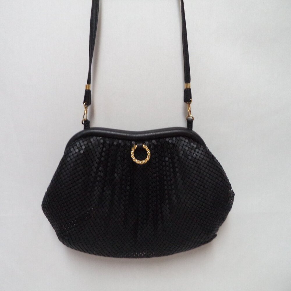 Whiting Davis Metal mesh w/ Leather Framed crossbody bag purse black Occasion